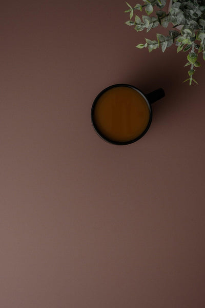 Flatlay mit schwarzer Kaffeetasse und grüner Pflanze auf Backdrop „Cappuccino" – brauner Fotohintergrund für Food Photography