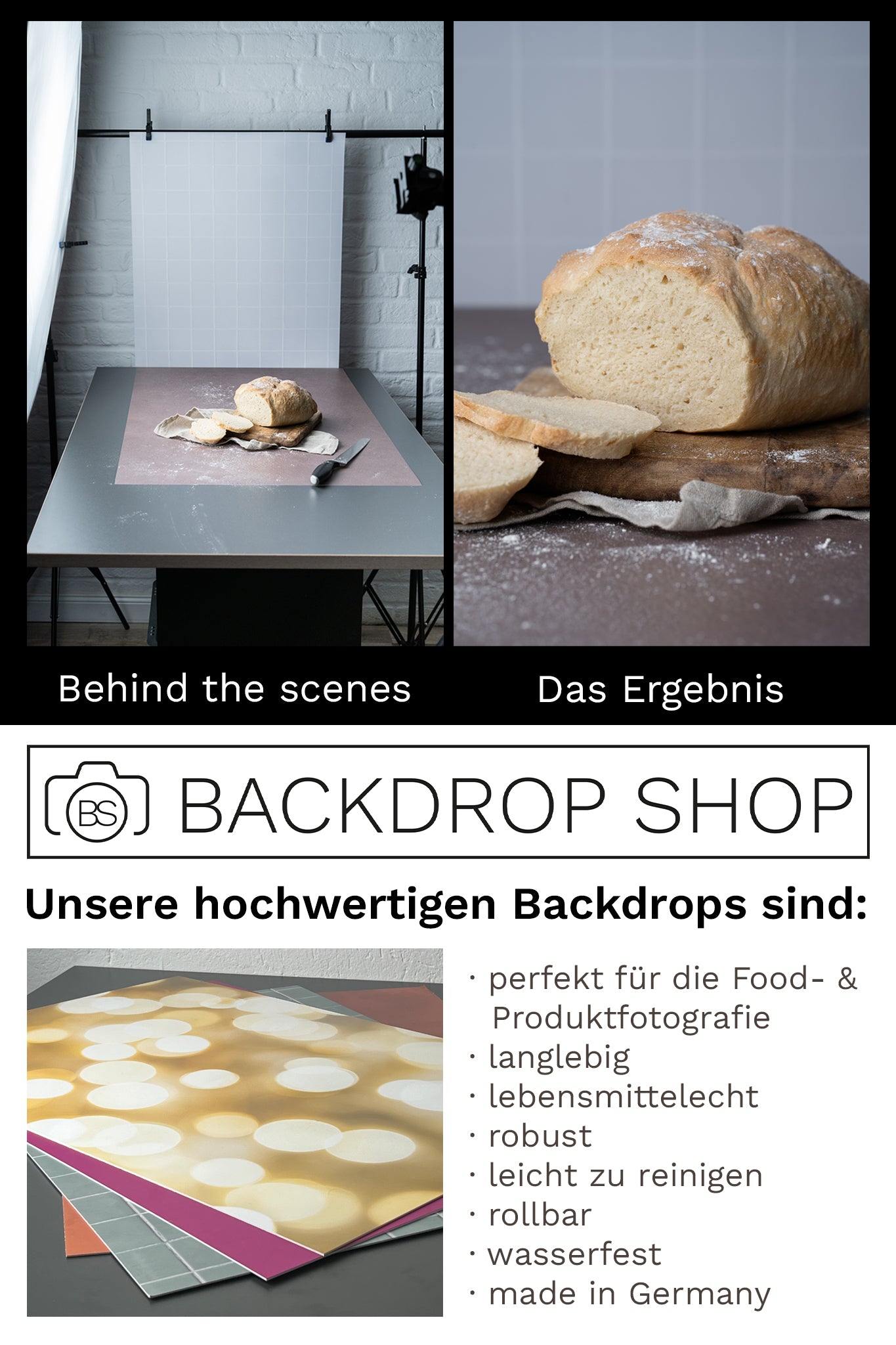 Behind the Scenes Setaufbau für Food- und Produktfotografie mit hochwertigen Backdrops von Backdrop-Shop.de – langlebig, wasserfest und leicht zu reinigen.