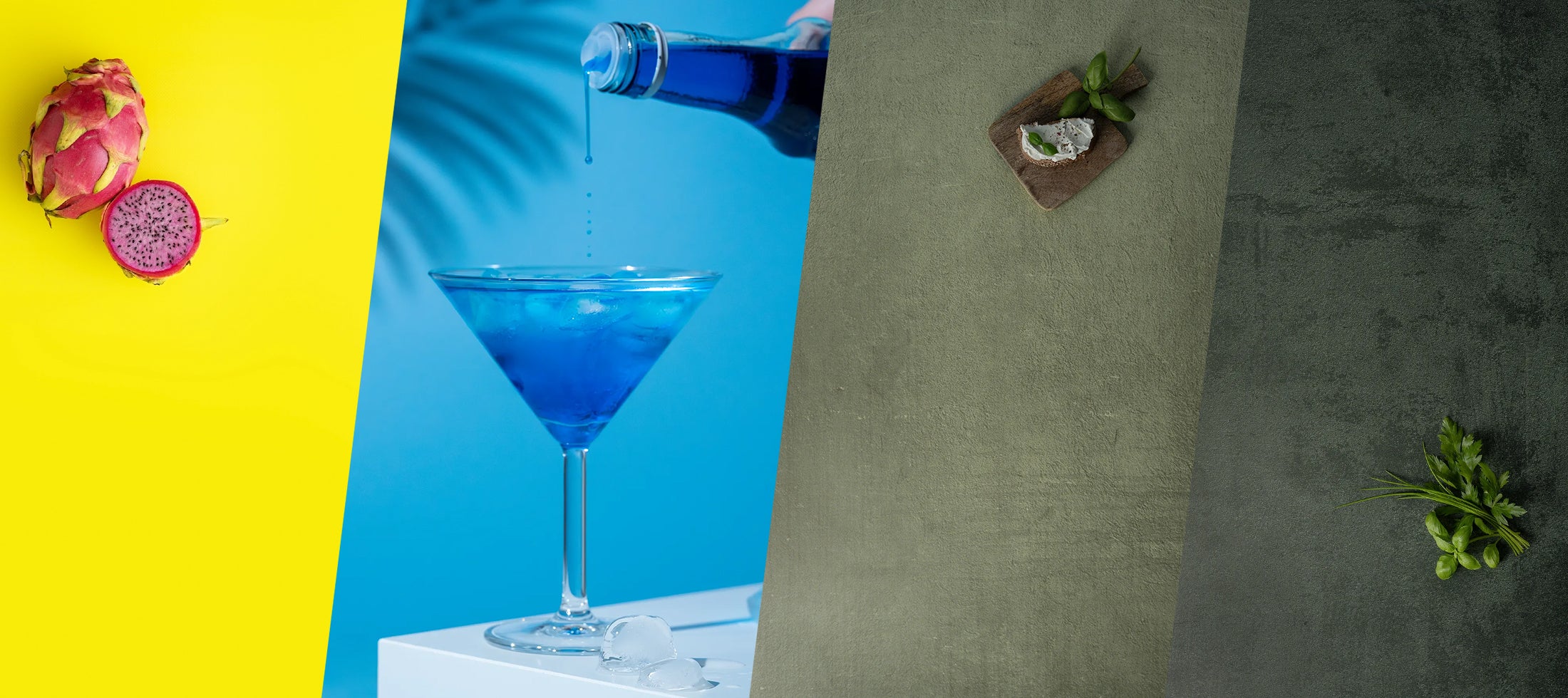 Farbtrends 2026 für Foodfotografie: Gimme Gummy (Gelb), Cold Blue (Eisblau) und Cabbage Crush (Khaki) – neue Vinyl-Fotohintergründe im BACKDROP SHOP