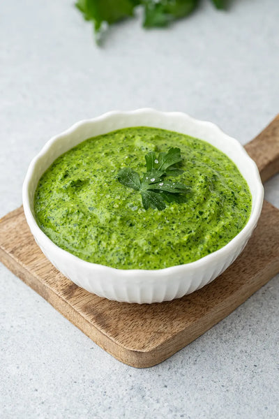 Foodfotografie grüner Dip in weißer Schale auf Backdrop „Vanilleeis“ – heller Beige-Fotohintergrund von BACKDROP SHOP